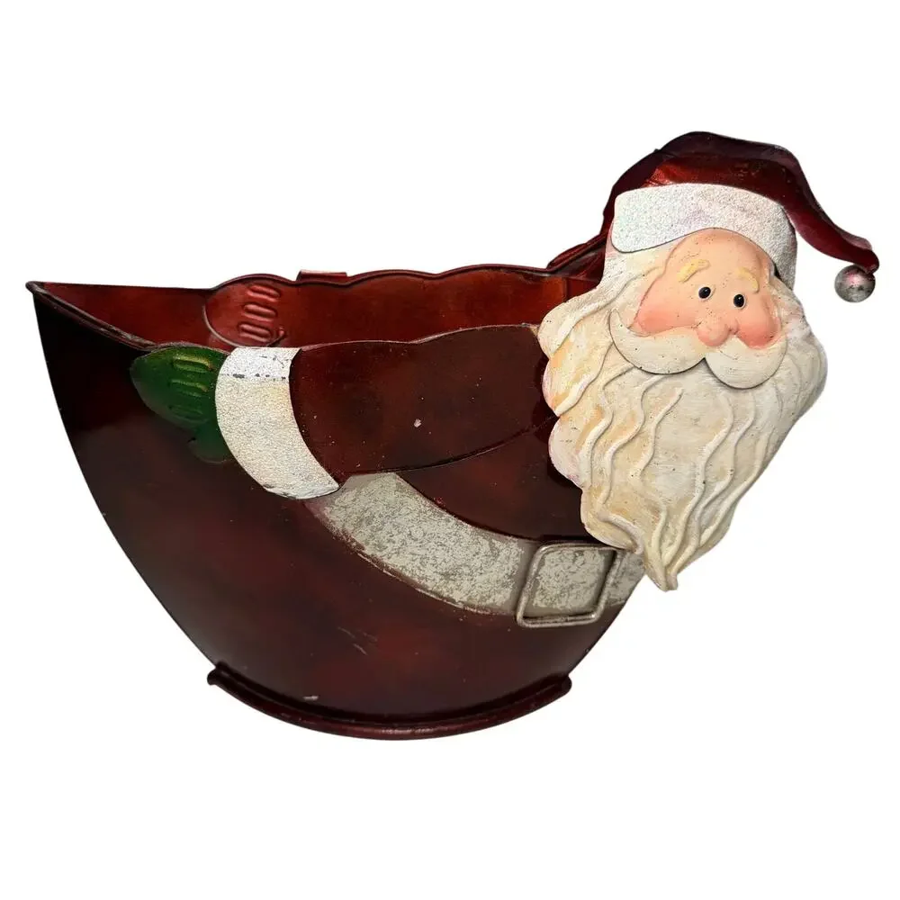 Pier 1 Santa Claus Tin Metal Bucket Holder Holiday Home Decor Christmas Figure